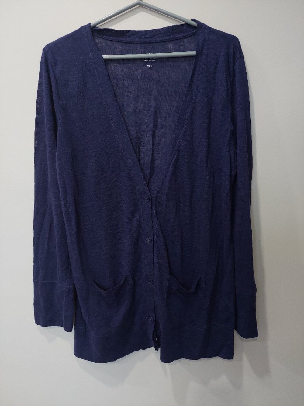 J.Crew Wome's M 100% Linen V-Neck Long Cardigan lightweight navy blue